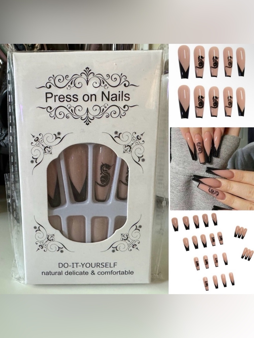 YoYoee French Press on Nails Long Nails Long Coffin Black/Nude Dragon French